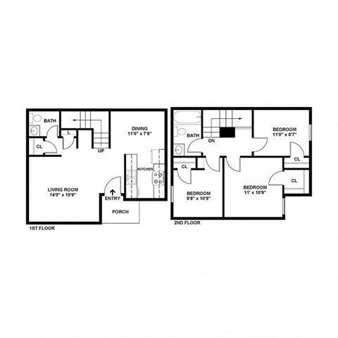 Floor plan for 3 beds, 1.5 baths, 912 sqft